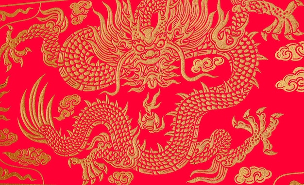 golden dragon image on red background.