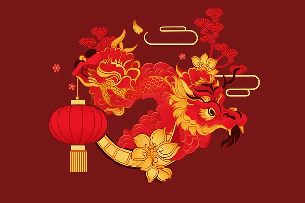 Golden dragon and red lantern on Chinese New Year background