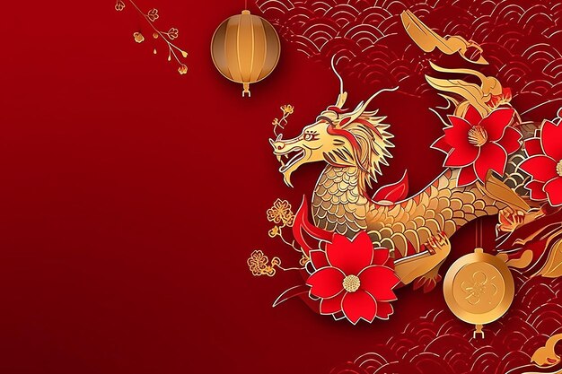 Photo golden dragon and red lantern on chinese new year background