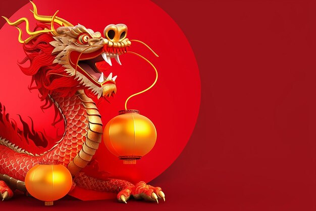 中国の新年の背景に黄金のドラゴンと赤いランタン