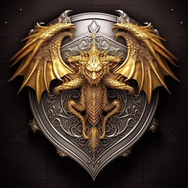 A golden dragon on a shield with a black background generative ai