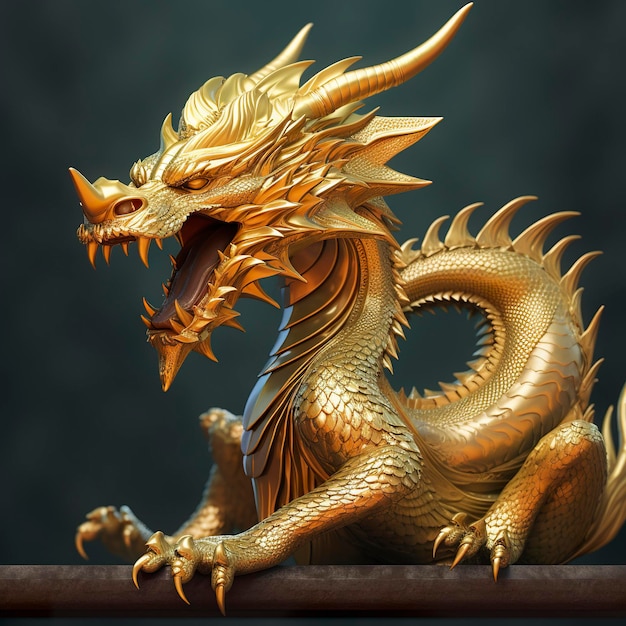 Golden dragon statue Chinese dragon made of gold AI Generative