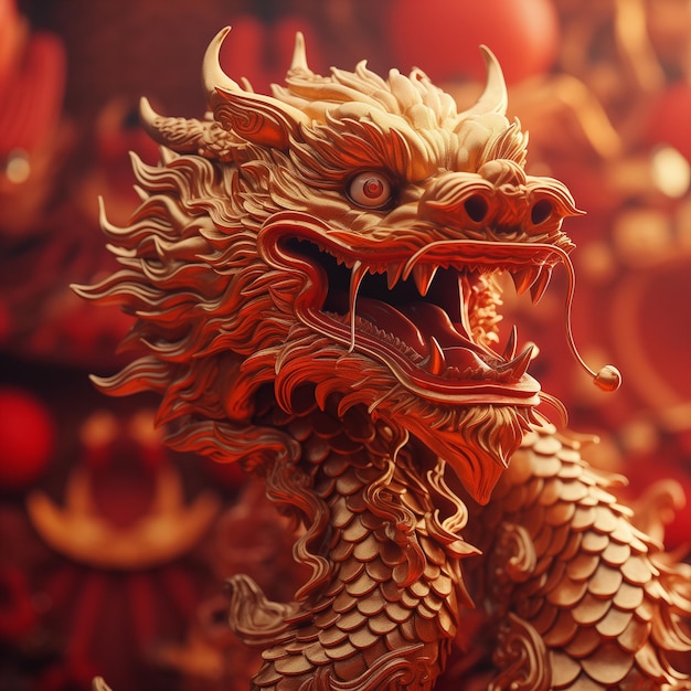 Золотая статуя дракона на красном фоне концепция китайского Нового года 2024 символ зодиака