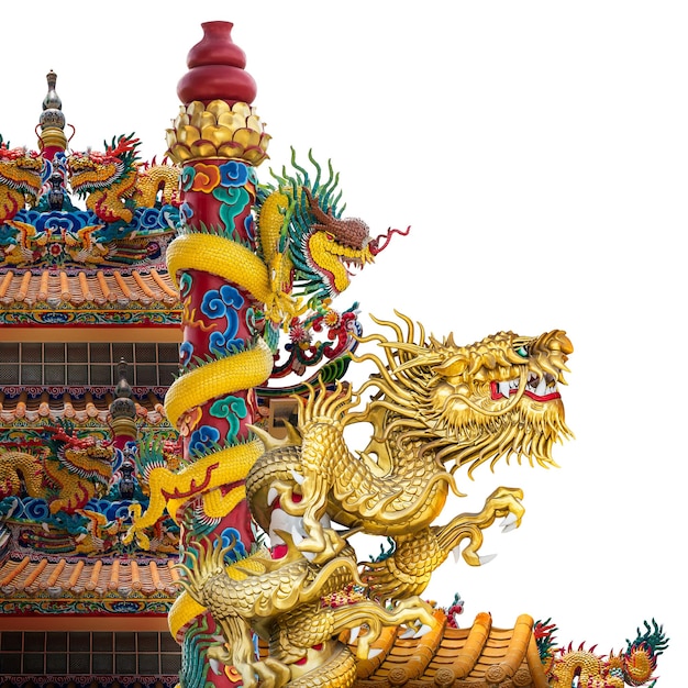 Golden dragon statue in roof top of the Chinese temple isolated on white background