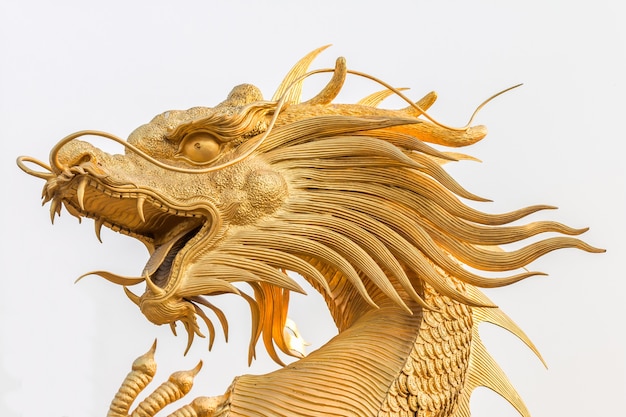 Golden dragon statue on white background