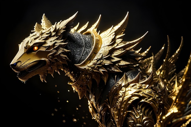 Photo a golden dragon with glowing eyes and a black background