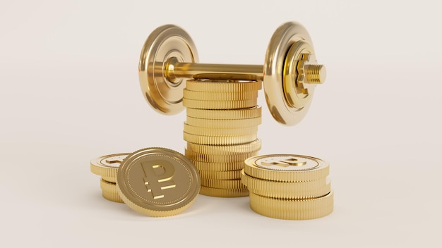 Золотая гантель с рублевой монетой на белом фоне бизнес-концепция 3d рендеринг