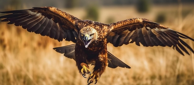 Foto aquila reale che sorvola un campo ali spalancate ia generativa