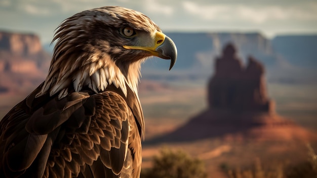 A golden eagle stands in front of a canyon.