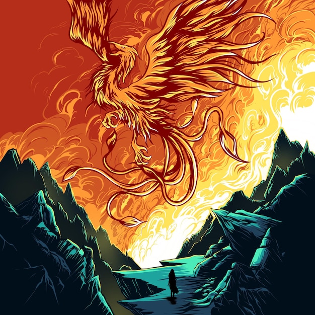 a golden eagle with a red background with a boat in the background