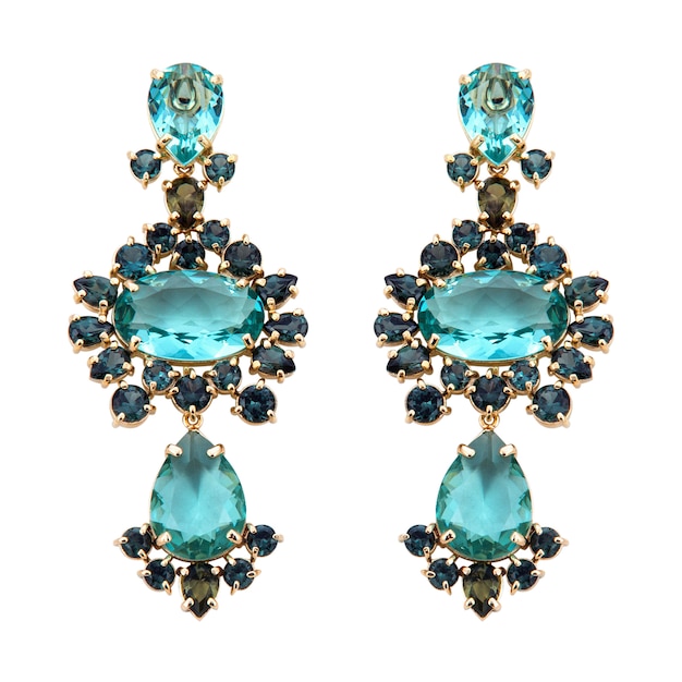 golden earrings with gemstone isolated on white surface