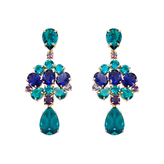 golden earrings with gemstone isolated on white surface
