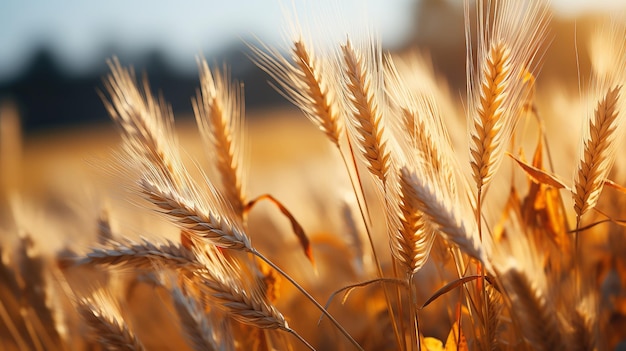 Golden ears of ripe wheat in the rays of sunset banner format