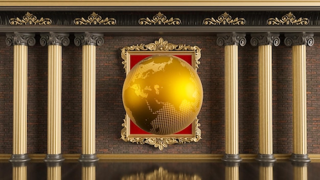 Golden earth globe op klassieke kolommen achtergrond gouden globe op rood en goud frame 3D render