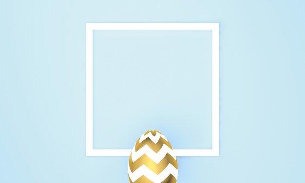 Uovo di pasqua dorato su sfondo blu pastello con cornice bianca. rendering 3d