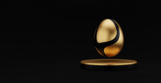 Golden Easter egg on podium 3d render illustration black background happy easter day concept minimal scene with pedestal and egg