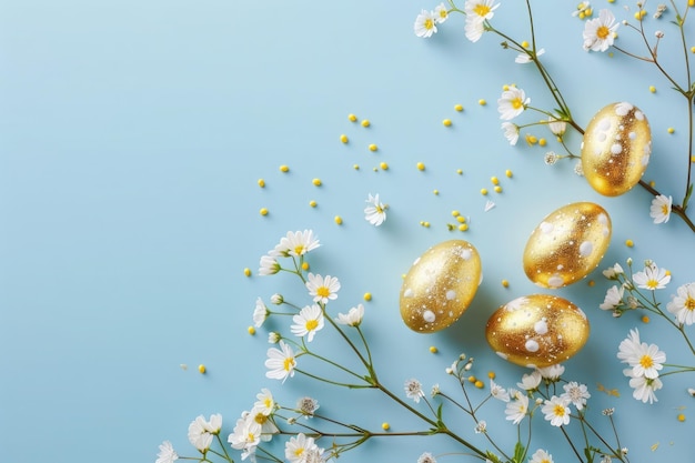 golden easter eggs and flowers on blue background