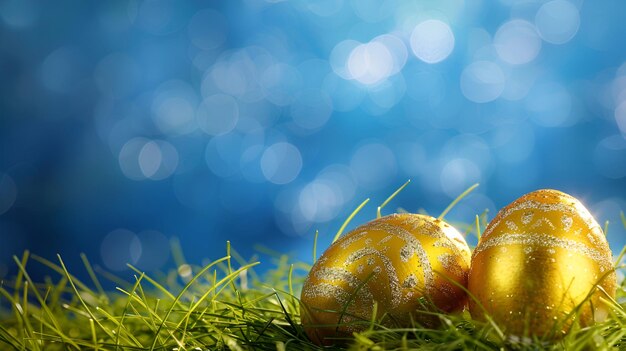 Golden Easter eggs on the grass on a blue background