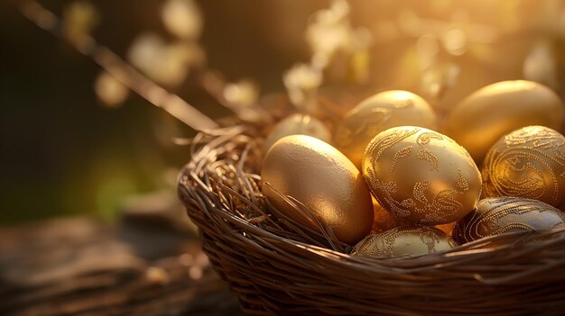 金色 の イースター の 卵 が <unk> の バスケット に 収め られ て いる