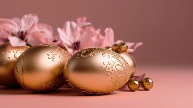 Golden Easter eggs and spring flowers on a peach background Spring break concept with copy space Top view