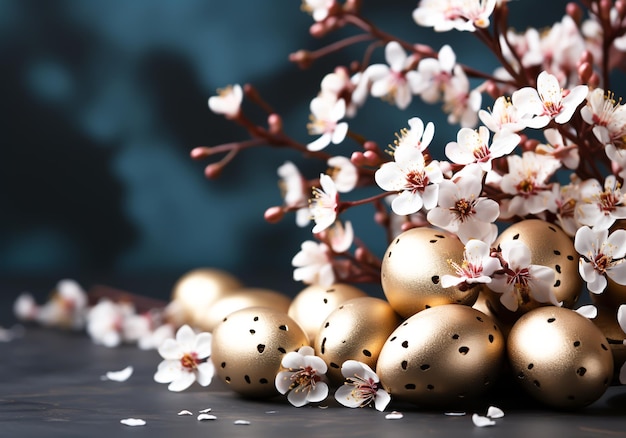 Golden easter eggs with flowers background AI generated