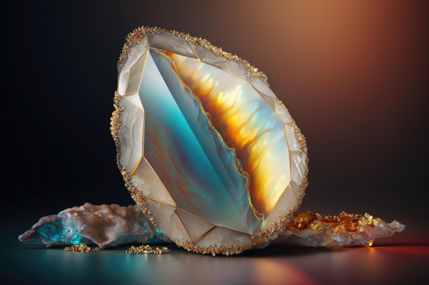 A golden edging surrounds an opal crystal gemstone background