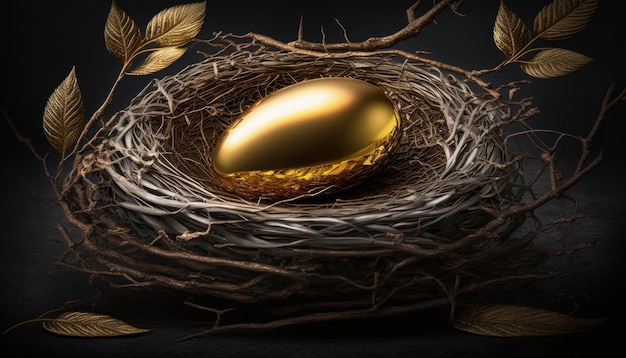 Golden egg in bird nest on dark background Generative AI