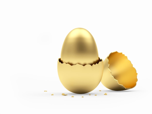 A golden egg in a broken eggshell.