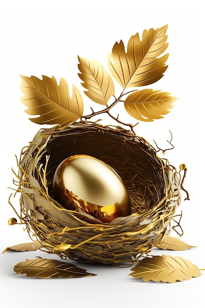 Golden egg in a nest with leaves on the bottom