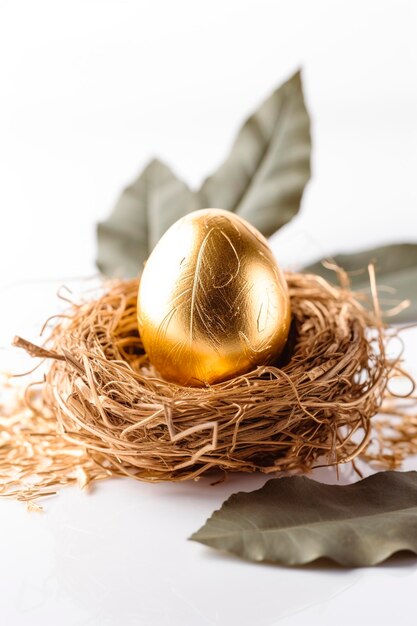 Золотое яйцо в гнезде с листьями на белом фоне со светлым фоном Generative AI