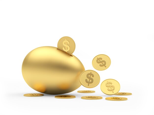 Golden egg piggy bank with dollar coins