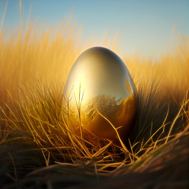 A golden egg sits in the grass with the sun shining on it.
