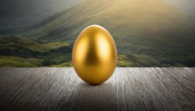 Photo a golden egg on a table with the sun behind it