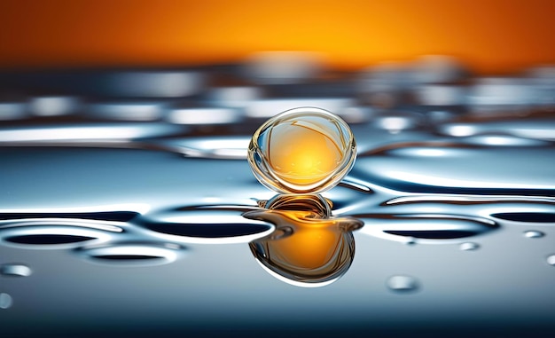 Foto un uovo d'oro e una goccia d'acqua su una superficie blu nello stile delle strutture molecolari