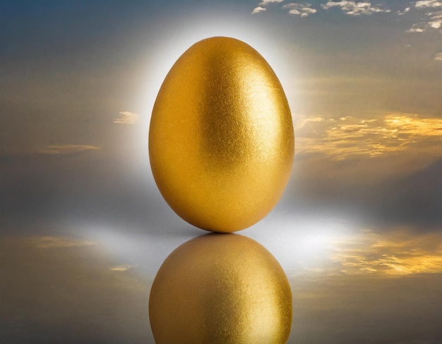 Photo a golden egg with a reflection of the sun in the background