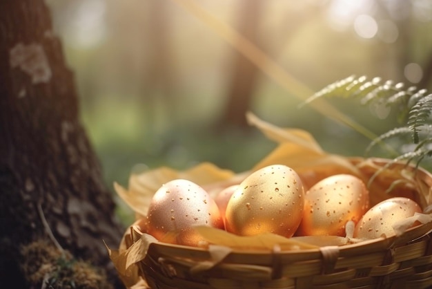 Golden eggs in a basket in a forest