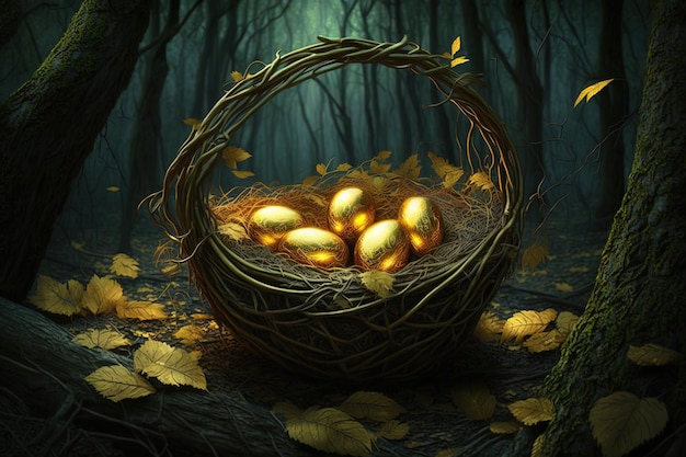 Golden eggs in basket in the middle of jungle