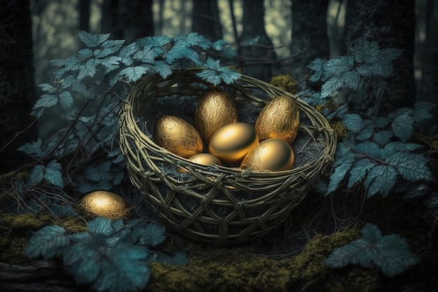 Golden eggs in basket in the middle of jungle