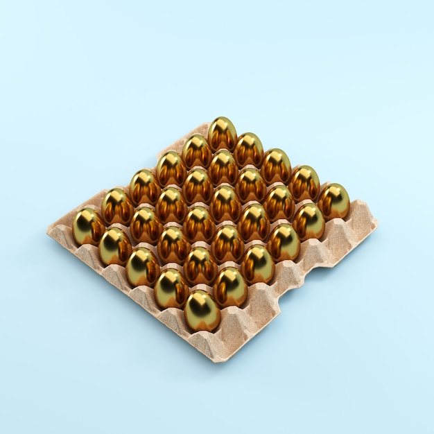 Golden eggs color put on egg panel White background. Christmas Minimal Easter idea concept. 3D Render