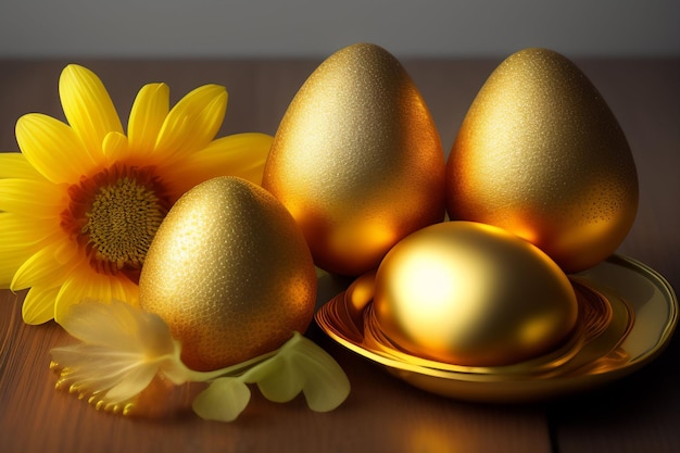 Golden eggs on a wooden table with a flower