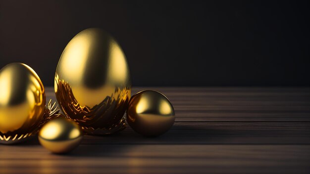 Photo golden eggs on a wooden table