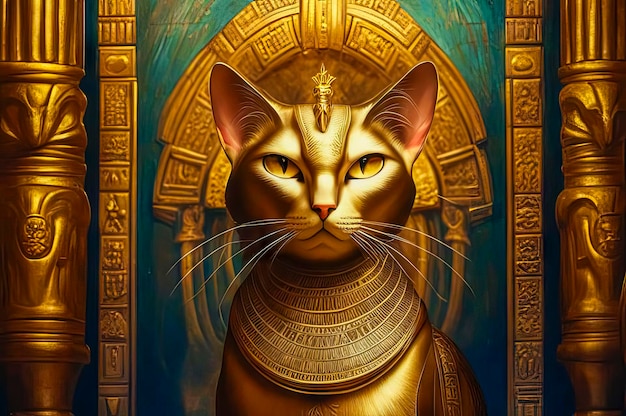 Photo golden egyptian magic divine cat cat in the temple of the egyptian goddess