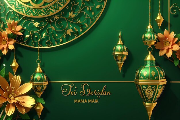 緑の背景でゴールデン・イード・ムバラックのイスラム教の祝い
