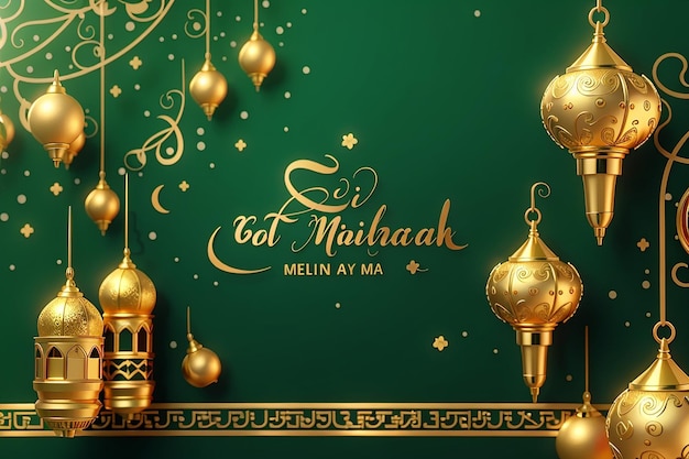 Golden Eid Mubarak Islamic Celebration on Green Background