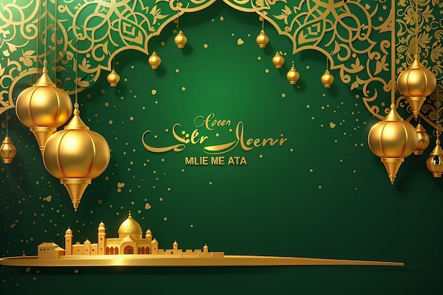 Golden Eid Mubarak Islamic Celebration on Green Background