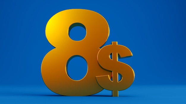 Golden eight dollars isolated on colored blue background 3D render