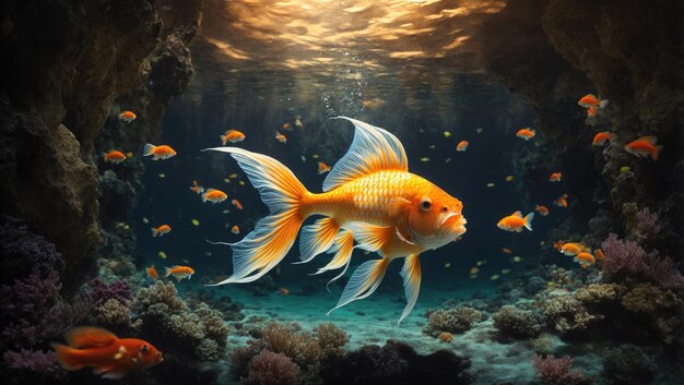 Golden Elegance Een zeer gedetailleerd digitaal schilderij van een glorieuze vis in een onderwateroase