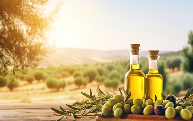 Golden Elegance Olive Oil Bottles with Olives Leaves and Fruits Generative AI