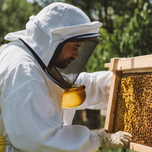 Photo golden elixir the beekeepers jar of honey