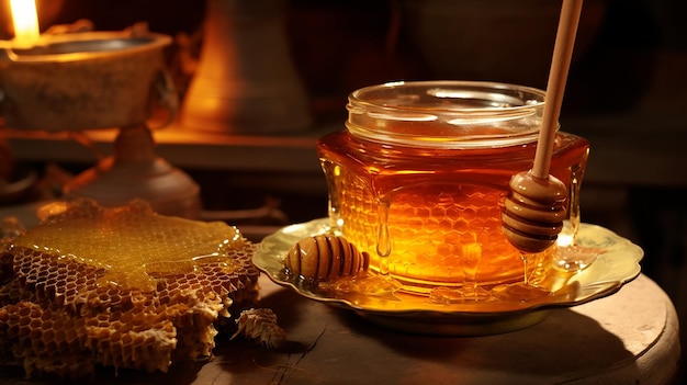 Golden elixir pure honey on honeycomb in a glass bowl